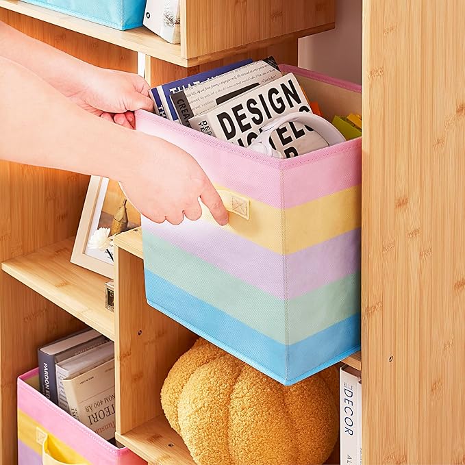 11 Inch Fabric Collapsible Storage Cubes,3 Pack Rainbow Colored Closet Storage Bins with 2 Handles Foldable Cube Baskets for Organizing Clothes, Toys, Books