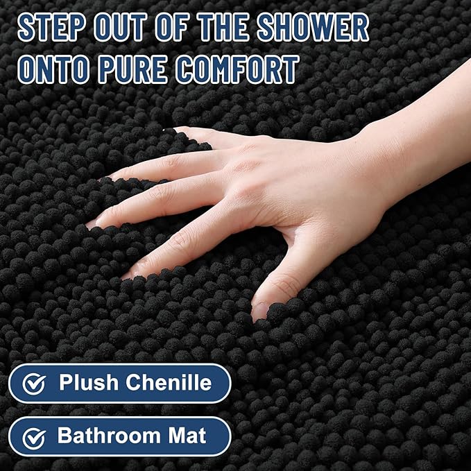 Grandaily Chenille Striped Bathroom Rugs 30x20, Extra Thick and Soft Absorbent Bath Mats, Rubber Backing, Plush Shaggy Shower Carpet, Machine Wash Dry, Bath Rug for Bathroom, Deep Black