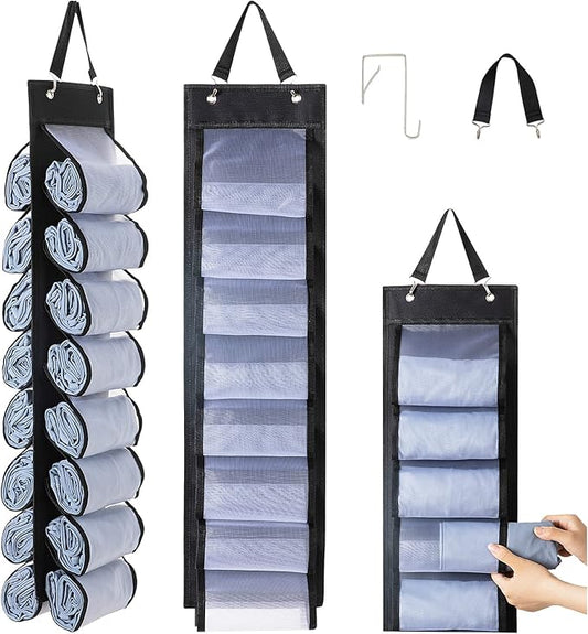Legging Organizer Storage, T-Shirt Organizer, Foldable Hanging Closet Organizer, Hanging Clothes Organizer with 16 Roll Compartments for Yoga Clothes, Shirt (Black)
