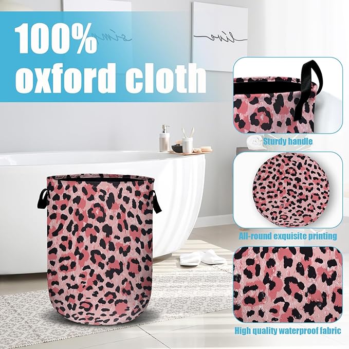 Pink Leopard Laundry Basket, Laundry Hamper Collapsible Oxford Cloth with Handle Clothes Toy Storage Bin for Bathroom Laundry Room Bedroom 15.7 X 20 Inch