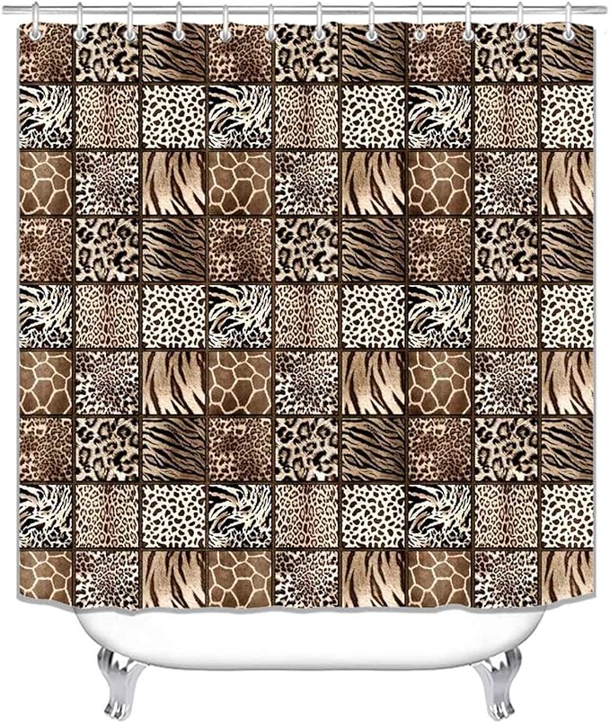 4PCS Black Brown Leopard Shower Curtain Sets with Rugs, Waterproof Fabric Shower Curtain, Patchwork Plaid Cheetah Giraffe Zebra Print Safari Wildlife African Animal Skin Modern Bathroom Decor