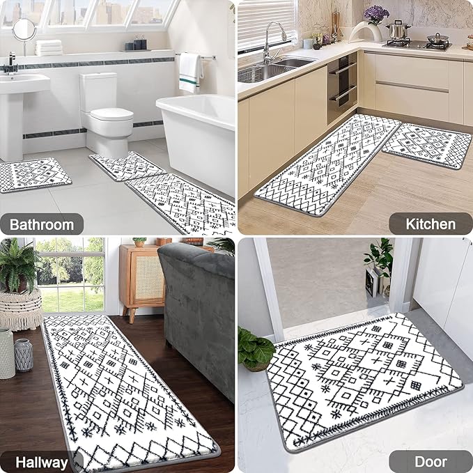HEBE Bathroom Rug Set - 3 Piece Non Slip Shower Mats with U-Shaped Toilet Mat, Absorbent Microfiber Bath Mats for Bath Rugs, Washable Shaggy Floor Carpet