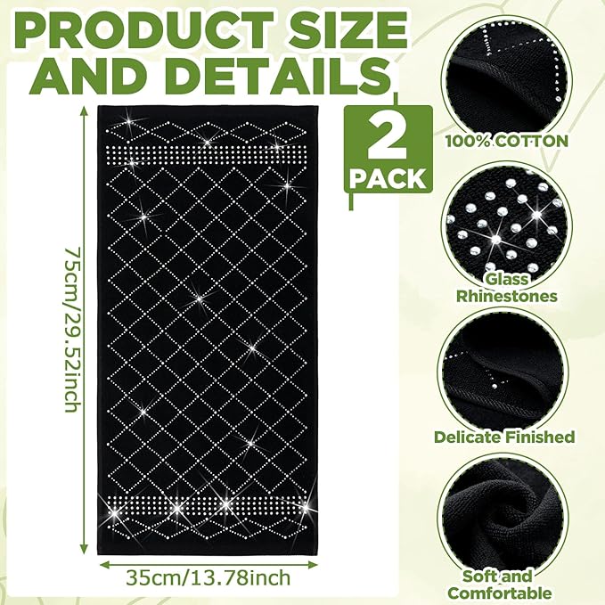 2 Pcs Black Sparkling Hand Towels with Full Rhinestones for Bathroom 100% Cotton Glitter Soft Elegant Hand Bath Towels Absorbent Machine Washable for Spa Yoga Hotel Sport, 29.5" x 13.8"