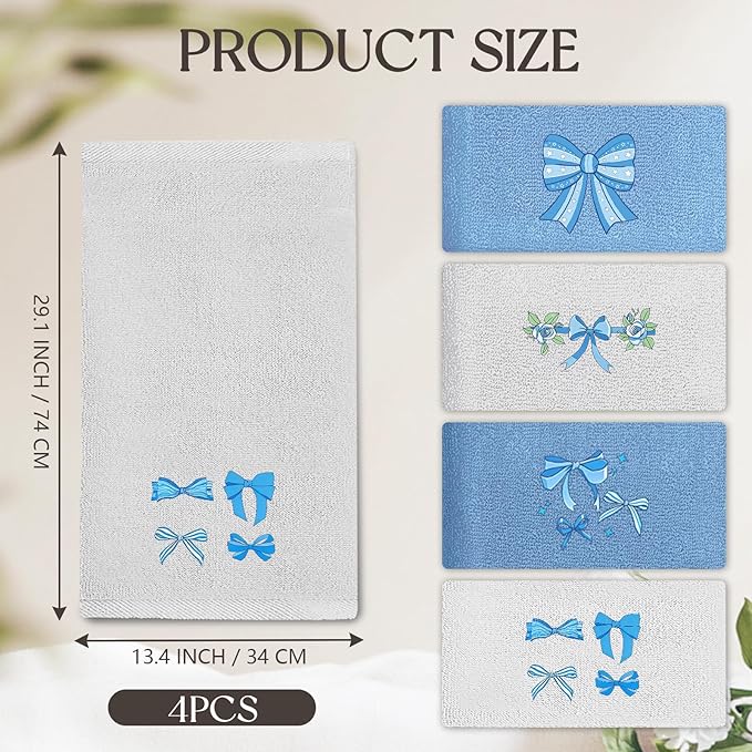 4 Pcs Bow Hand Towels Blue Hand Towels for Bathroom 29" x 13.3" Cute Bath Towel Bow Embroidered Decorative Towel Set Cotton Bowknot Bathroom Accessories Blue Kitchen Decor Bridal Shower Wedding Gift