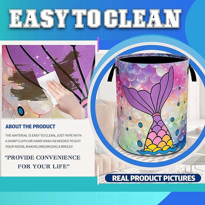 Mermaid Tail Laundry Basket Oxford Cloth Colorful Mermaid Scales Laundry Hamper With Handle Foldable Portable Clothes Storage Basket 18.9 X 16.5 In Storage Bag For Laundry Room/Bathroom/Bedroom