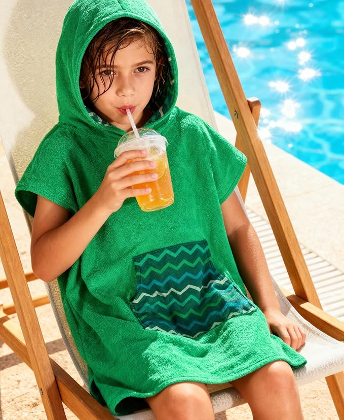 MissShorthair Towel Poncho for Kids, Hooded Beach Towel for Girl&Boy, Surf Poncho Swim Changing Robe Microfiber Bath Towel 11-14 Years Green