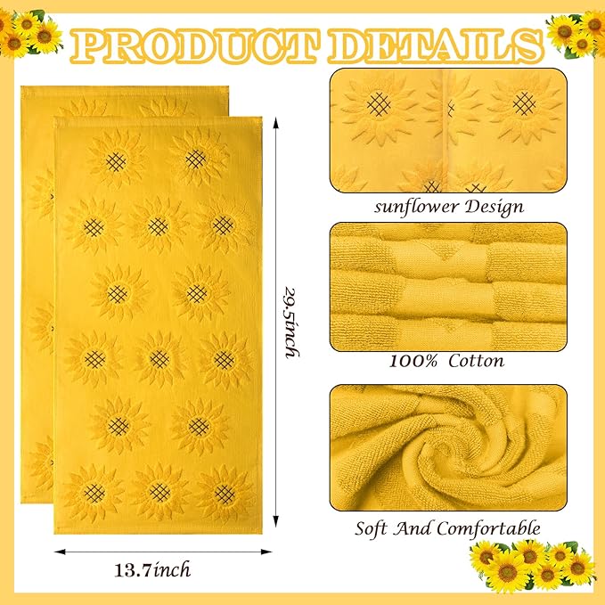 2pcs Sunflower Hand Towels for Bathroom Decorative Towels Set 100% Cotton Yellow Jacquard Spring Summer Floral Bath Towels Dish Kitchen Towels Kitchen Bathroom Decor Gift (Sunflower Yellow)
