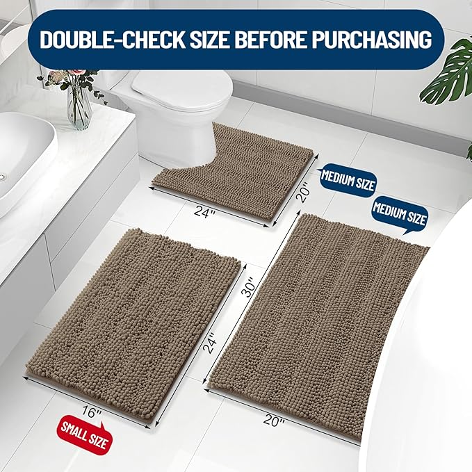 Grandaily Chenille Striped Bathroom Rugs 30x20, Extra Thick and Absorbent Bath Mats, Non-Slip Soft Plush Shaggy Shower Carpet, Machine Wash Dry, Bath Rug for Bathroom, (Medium, Camel)