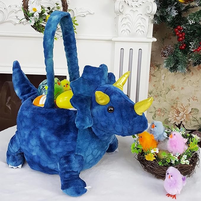 DearSun Personalized 3D Adorable Dark Blue Dinosaur Basket Easter Egg Hunting Basket Easter Gift Basket with Embroidery Name (Dark Blue Dinosaur with Customization)