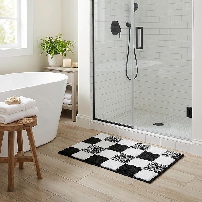 GRANNY SAYS Checkered Black Bathroom Rugs, 24" x 16", Non-Slip Bath Mats for Bathroom, Plush Shag Absorbent Microfiber Ultra Soft Bath Mat, Cute Washable Rug for Tub, Shower, Bedroom