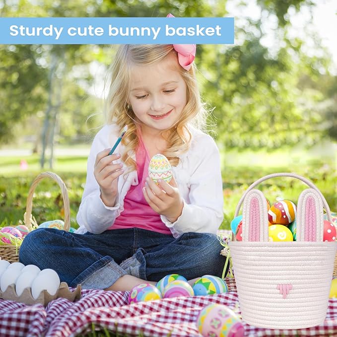 Easter Basket for kids Empty Bunny Egg Baskets With Handle And Ears Easter Gifts Cute Woven Basket (pink)