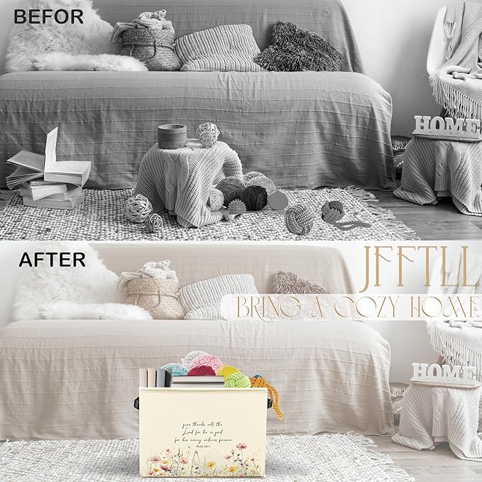 Christian Floral Storage Bins with Handles, Christian Home Decor, Give Thanks to the Lord Bible Verse Collapsible Laundry Basket Storage Box for Home Bedroom Bathroom Clothes Toys Books
