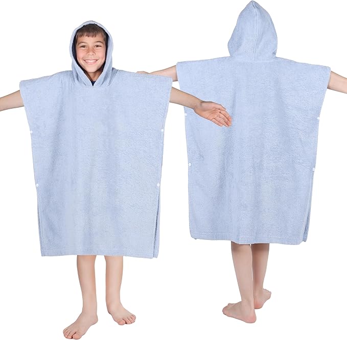 Superior Kids Cotton Terry Poncho, Soft, Absorbent Bath Towel with Hood, Bathroom Accessories, Long, Plush Bathrobes for Bath, Shower, Spa, Resort, Hotel, Beach, Pool, Boy, Girl, Large Size, Blue