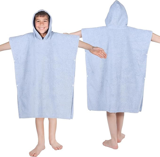 Superior Kids Cotton Terry Poncho, Soft, Absorbent Bath Towel with Hood, Bathroom Accessories, Long, Plush Bathrobes for Bath, Shower, Spa, Resort, Hotel, Beach, Pool, Boy, Girl, Large Size, Blue