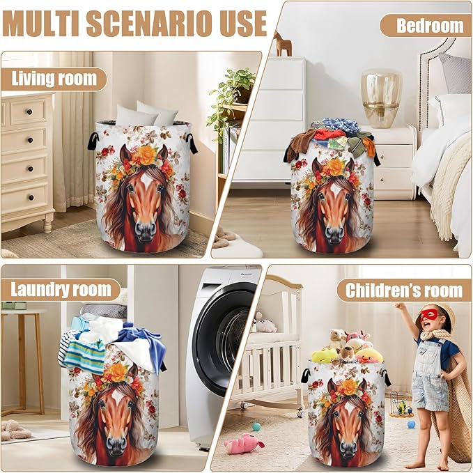 Watercolor Horse Laundry Basket, Foldable Waterproof Animals Floral Laundry Hamper Tote Bag Dirty Clothes Storage Bucket Toy Organizer for Bathroom/Laundry/Bedroom 15.7"x19.6"