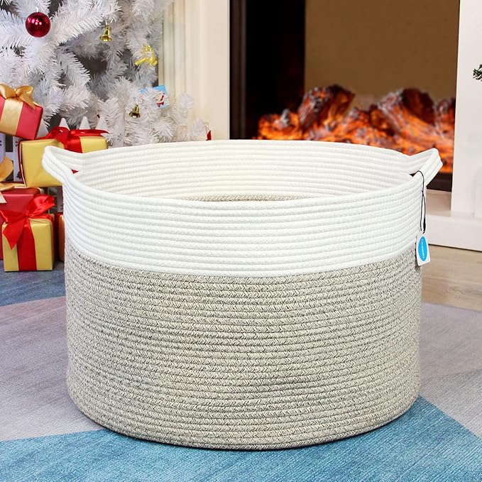 Casaphoria XXXLarge Cotton Rope Basket for Living Room - Woven Storage Basket with Handle for Blankets, Towels and Pillows Laundry Hamper | Cream white and Brown (22" x 22" x 14")