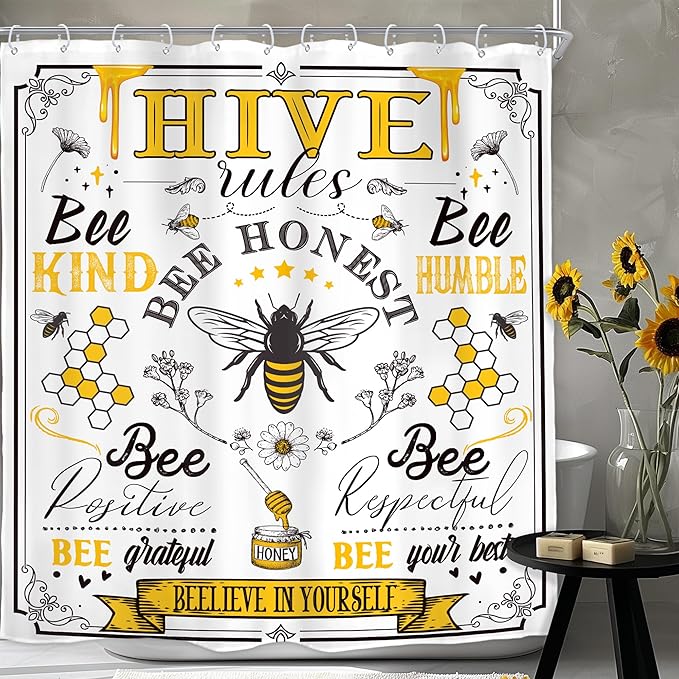 Homewelle Black Yellow Bee Quotes Shower Curtain Vintage Rustic Inspirational Motivational Words Retro Floral Flower Plant Honeycomb 72Wx72H Inch Farmhouse Waterproof Polyester Fabric Bathroom Bathtub