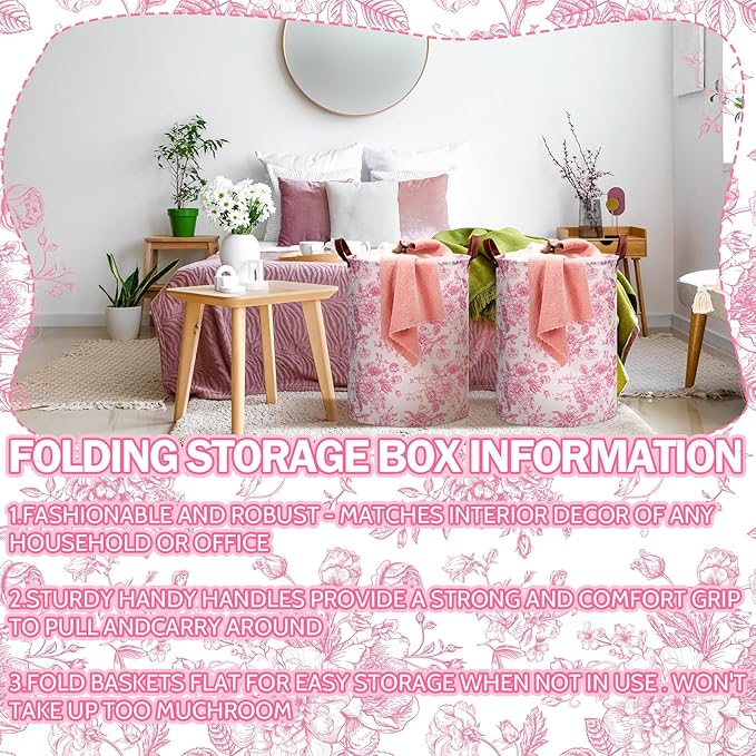 2 Pcs Pink Floral Laundry Basket Coquette Storage Basket for Girls Nursery Hamper with Handles Foldable Waterproof Collapsible Storage Bin Organizer for College Dorms Bathroom