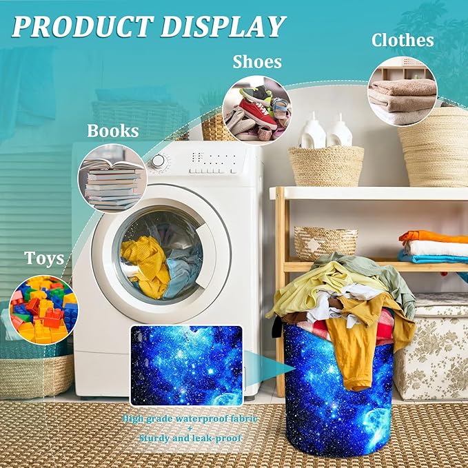 Blue Galaxy Laundry Basket, Universe Starry Sky Laundry Hamper Funny Tote Bag Dirty Clothes Storage Bucket Toy Organizer for Bathroom/Laundry/Bedroom 15.7"x19.6"