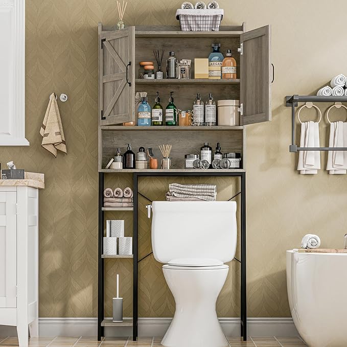 Vabches Over The Toilet Storage Cabinet, Farmhouse Storage Cabinet Over Toilet with 2 Barn Door & Toilet Paper Holder Stand，Home Space-Saving Toilet Rack, for Bathroom, Restroom, Laundry