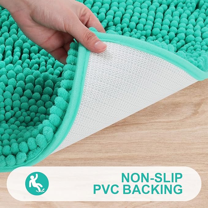Grandaily Chenille Striped Bathroom Rugs 59x20, Extra Thick and Absorbent Bath Mats, Non-Slip Soft Plush Shaggy Shower Carpet, Machine Wash Dry, Bath Rug for Bathroom, Teal