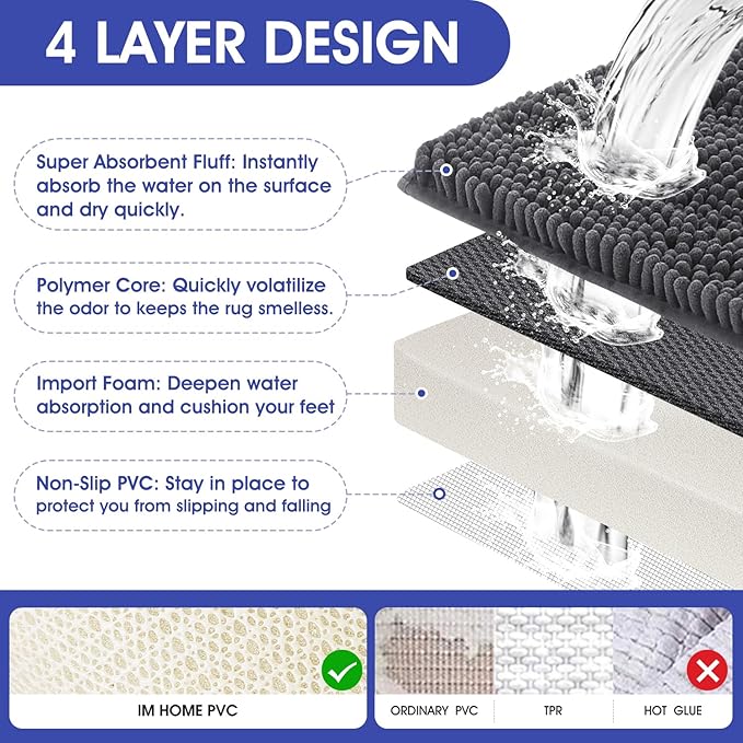 ACCUMTEK Extra Long Striped Grey Bathroom Rug Mat 70"x24" Ultra Soft, Non Slip Chenille Bath Rugs, Absorbent Plush Shaggy Bath Mats for Bathroom, Bedroom, Kitchen, Shower, Tub,Dark Gray, Charcoal