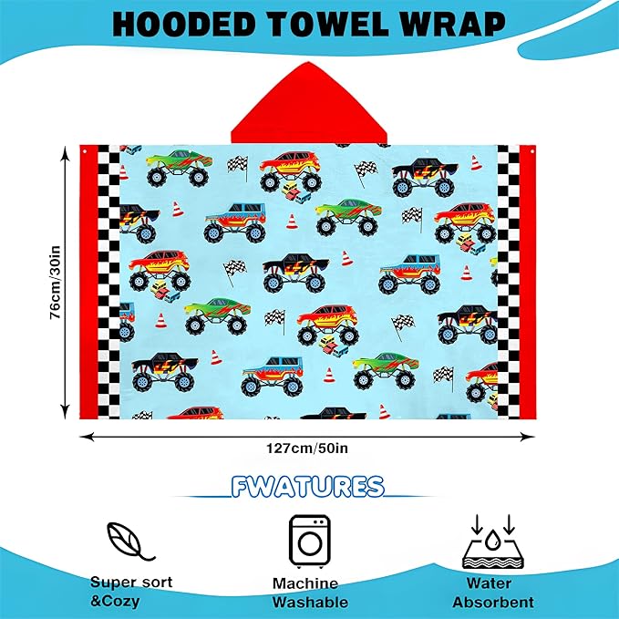 Hooded Towels for Kids -Monster Toddler Beach Towel- Super Absorbent & Quick Dry 100% Cotton 30x50 Inch - to Kid Ages 3-10-Truck Cars Swim Towels