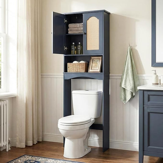 Premium Over The Toilet Storage Cabinet, Boho & Farmhouse Rattan Bathroom Organizer, Adjustable Bottom Bar for Water Valve Clearance, Navy Blue P2 MDF, 24"x70"