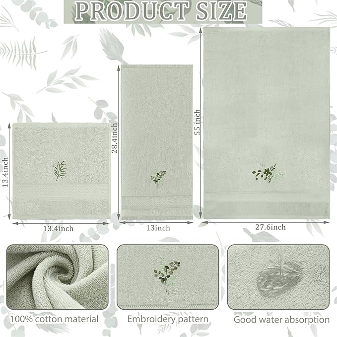 3 Pcs Eucalyptus Leaves Bathroom Towel Set Farmhouse Embroidered Eucalyptus Leaves Towels Vintage Decorative 100% Cotton Bath Towel Highly Absorbent Elegant Summer Decor Set for Bathroom