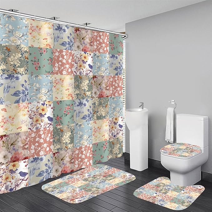 4Pcs Boho Shower Curtain Set Vintage Floral Bathroom Sets with Rugs Patchwork Floral Shower Curtain with 12 Hooks