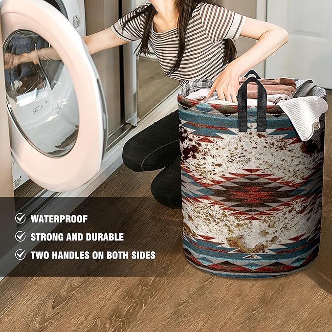 Western Aztec Cow Print Baby Laundry Hamper,Laundry Basket,Waterproof Storage Bin for Bedroom,Clothes Organizer Basket,Toys Box,Room Decor