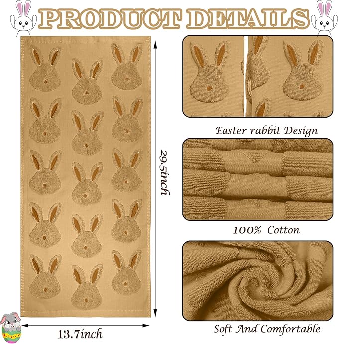 2pcs Easter Bunny Hand Towels Set 100% Cotton Soft Absorbent Spring Bathroom Hand Towels 14x29 Inch Cute Jacquard Easter Kitchen Decor Towels Holiday Kitchen Bathroom Decor Gift(Brown)