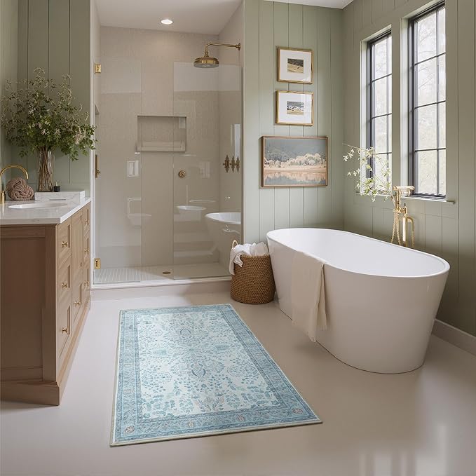 GRANNY SAYS Boho Bathroom Rugs 26"x 18" Non-Slip, Quick Dry & Washable, Vintage Bath Rug, Distressed Farmhouse Plush Velvet Bath Mat, Absorbent for Shower Toilet Sink, Pet Friendly - Vintage Blue