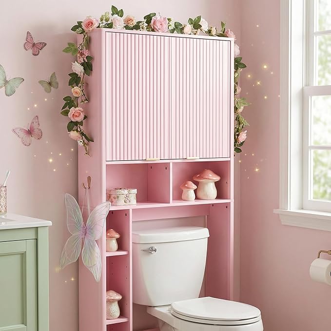 31" W Over The Toilet Storage Cabinet with Fluted Door, Pink Bathroom Organizer with Adjustable Shelf, Toilet Paper Holder Stand Wave Door for Restroom, Laundry Room