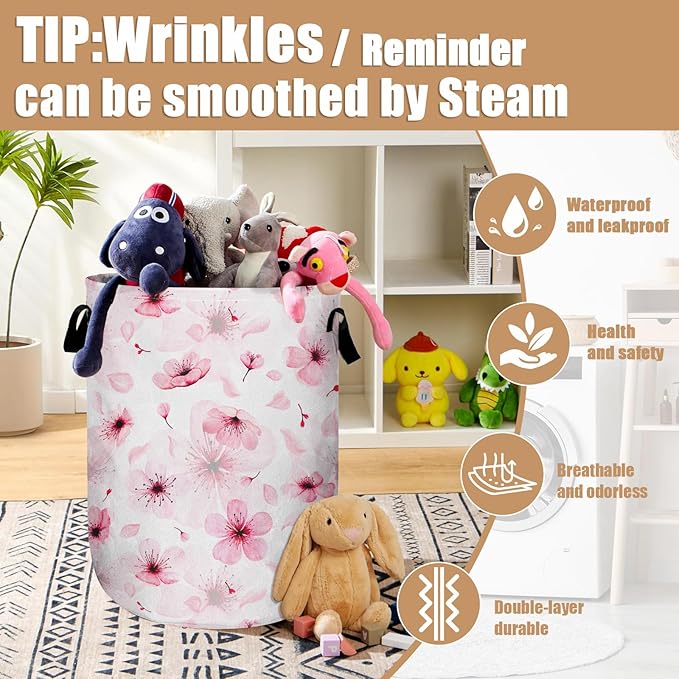 Watercolor Cherry Blossom Laundry Basket, Foldable Pink Flower Laundry Hamper Tote Bag Dirty Clothes Storage Bucket Toy Organizer for Bathroom/Laundry/Bedroom 15.7"x19.6"