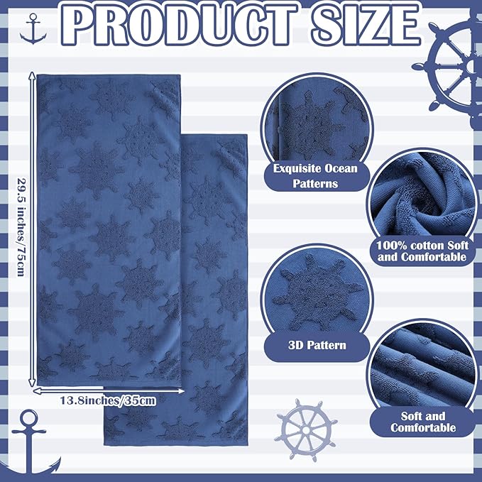 2 Pcs Nautical Hand Towels for Bathroom 100% Cotton Jacquard Weave Bath Towel Set Soft Absorbent Dish Washcloth for Bathroom Kitchen Coastal Theme Gifts 13.8 x 29.5 Inch (Navy Blue)