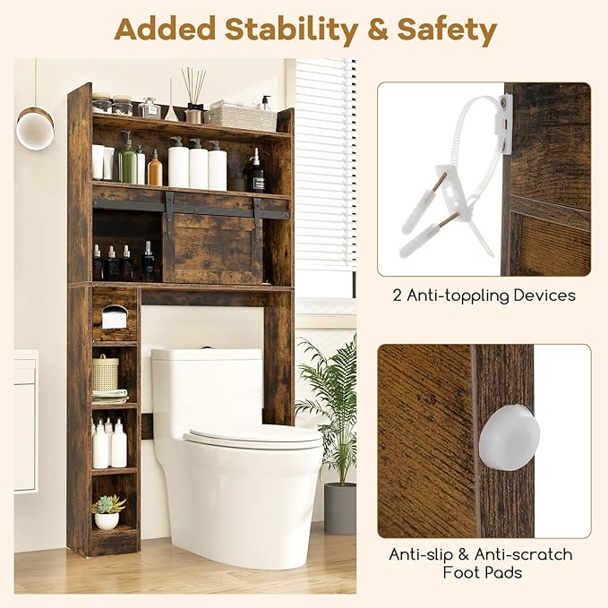 Tangkula Over The Toilet Storage Cabinet, Farmhouse Freestanding Above Toilet Rack w/Sliding Barn Door, Adjustable Shelves, Toilet Paper Holder, 2 Hooks, Bathroom Space Saver (Retro, Rustic Brown)