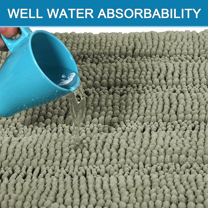 H.VERSAILTEX Bathroom Rug Sets 2 Piece Bath Mats Non Slip Thick Soft Chenille Striped Bath Rug achine Washable Shower Floor Rugs for Tub, Shower and Floor (Eucalyptus Green, 20" x 32"/24" x 36")