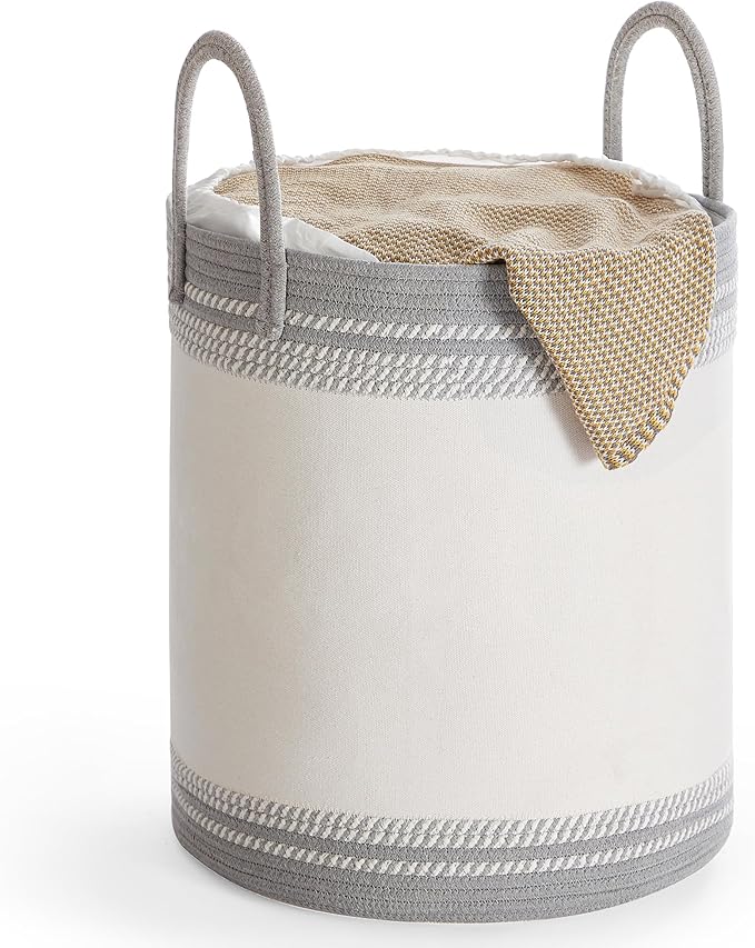 SONGMICS Laundry Hamper, Cotton Rope Laundry Basket with Handles, for Clothing, Living Room, Bedroom, 15.8 Gallons, 16.1 x 16.1 x 18.1 Inches, Cloud White and Dove Gray URLH060G01