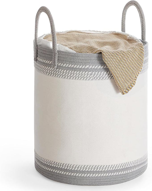 SONGMICS Laundry Hamper, Cotton Rope Laundry Basket with Handles, for Clothing, Living Room, Bedroom, 15.8 Gallons, 16.1 x 16.1 x 18.1 Inches, Cloud White and Dove Gray URLH060G01