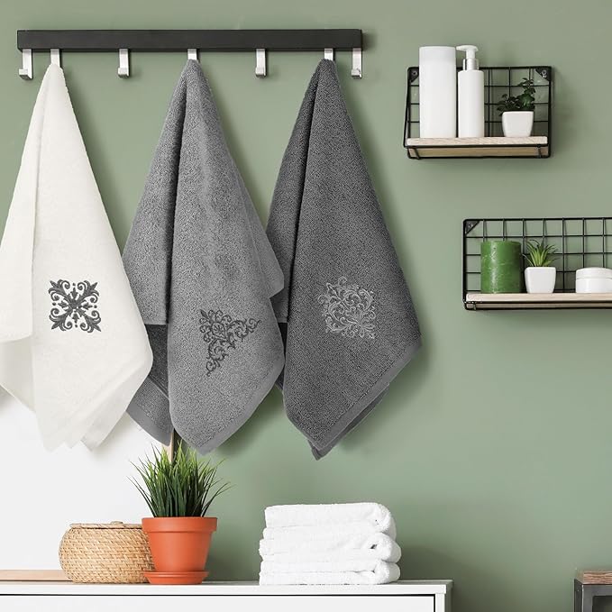 3 Pcs Decorative Gray Hand Towels for Bathroom Kitchen 13.3 x 29.5'' Farmhouse Damascus Luxury Embroidered 100% Cotton Towels Art Decor for Bathroom Kitchen