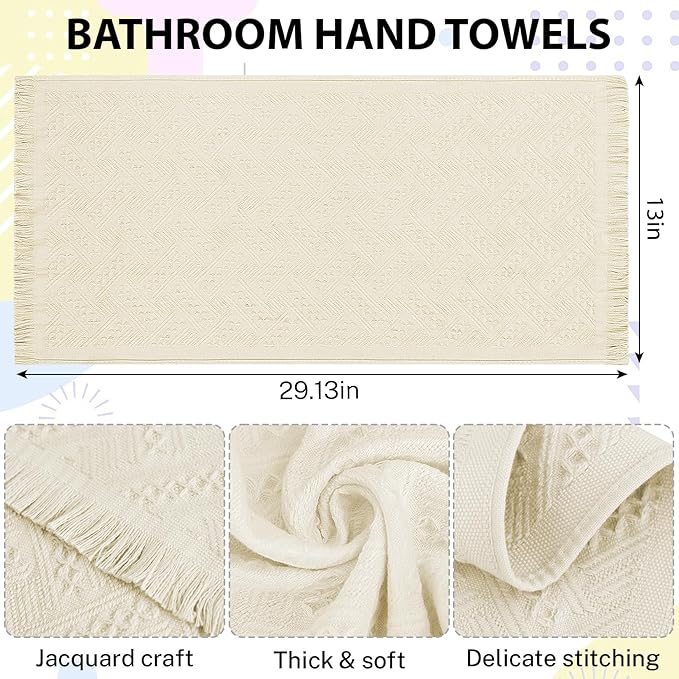 4-Pack Luxury Decorative Cotton Hand Towels for Bathroom Super Absorbent with Jacquard Weave&Fringe – 13x29.1" Beige Boho Hand Towel Set,Soft Face Towel for Boho Bathroom Decor Kitchen Hotel Spa Guest