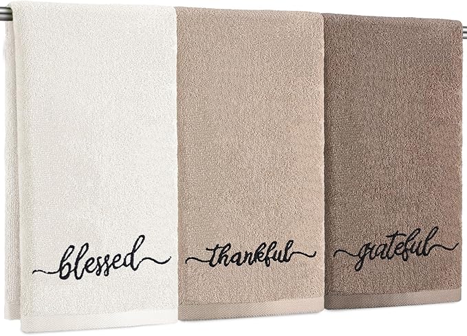 3 Pcs Brown and White Fingertip Towels 100% Cotton Fall Farmhouse Bathroom Hand Towels 12 x 18 in Decorative Embroidery Blessed Thankful Grateful for Thanksgiving Gift Home Decor