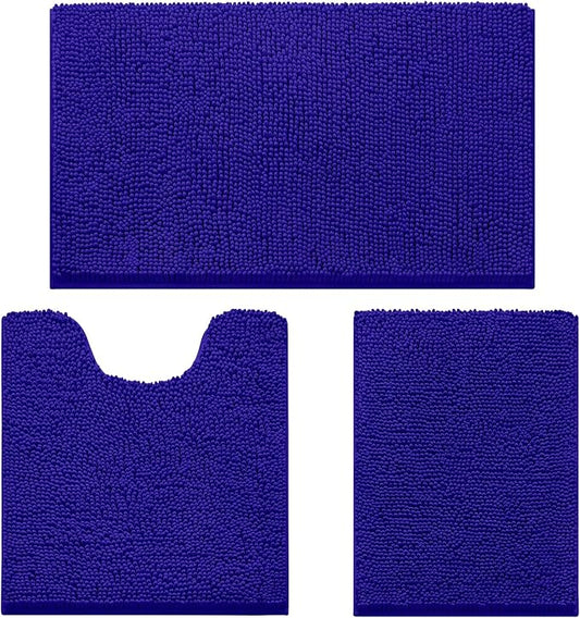 HOMEIDEAS 3 Pieces Bathroom Rugs, Ultra Soft Non Slip Absorbent Chenille Toilet Bath Mat Set (Royal Blue)