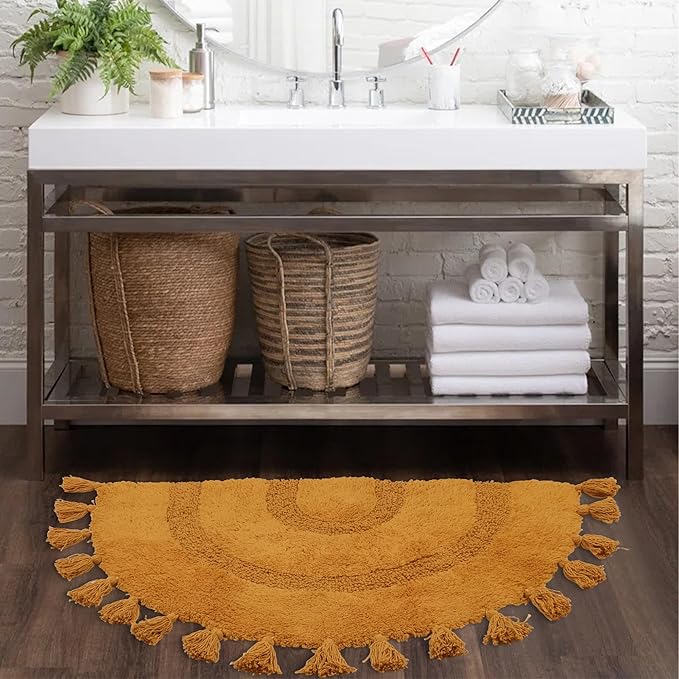 Half Circle Boho Bathroom Rugs with Tassels 100% Cotton Hand-Woven Bath Mat Non Slip Absorbent Bath Rugs with Rug Pad Washable Boho Bath Mat Carpet for Tub, Shower 20"x32",Mustard