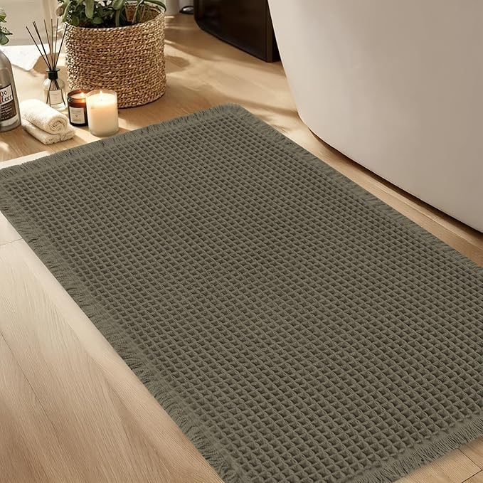 Hiasan Waffle Bath Mat, Super Absorbent Non Slip Bathroom Boho Rug with Tassels, Machine Washable Bath Mats for Bathroom, Ultra Soft Rubber Backed Rug, Grayish Green, 20 x 32 Inches