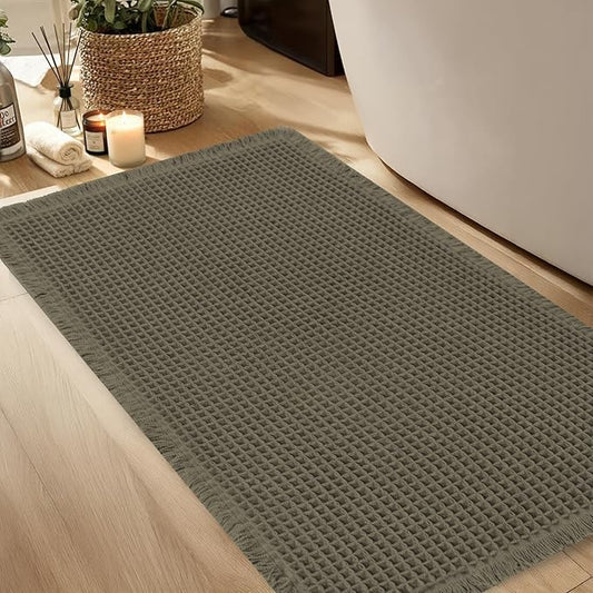 Hiasan Waffle Bath Mat, Super Absorbent Non Slip Bathroom Boho Rug with Tassels, Machine Washable Bath Mats for Bathroom, Ultra Soft Rubber Backed Rug, Grayish Green, 16 x 24 Inches
