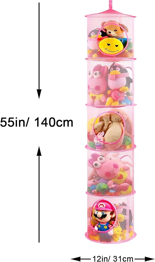 coastal rose Stuffed Animals Net or Toy Net Hammock, Foldable Stuffed Animals Storage 5 Compartments, Toy Storage Organizer for Plushies Organizer Mesh Kids Girls Room Decor, Pink