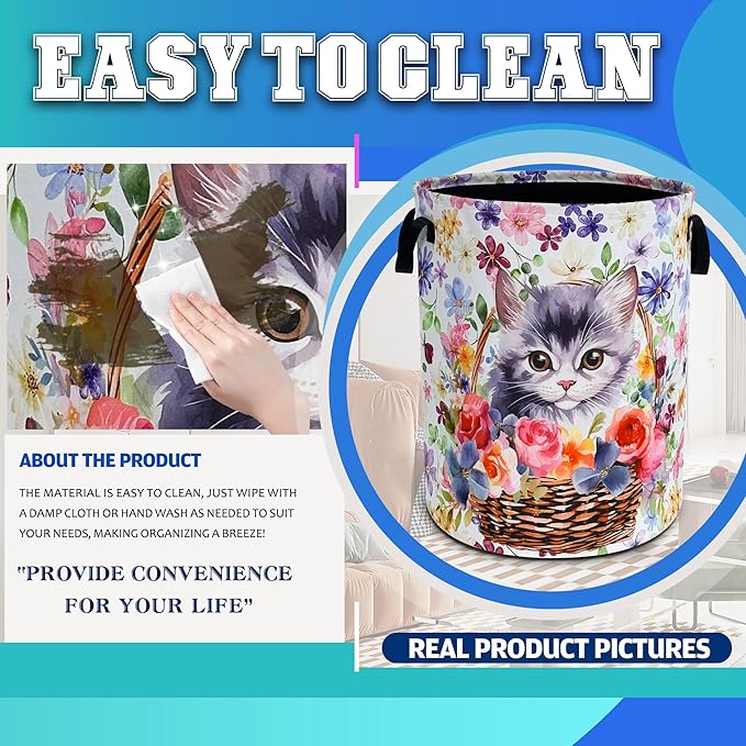Cute Cat Laundry Basket Flowers Animal Oxford Cloth Laundry Hamper With Handle Foldable Portable Clothes Storage Basket 18.9 X 16.5 In Storage Bag For Laundry Room/Bathroom/Bedroom/Dormitories