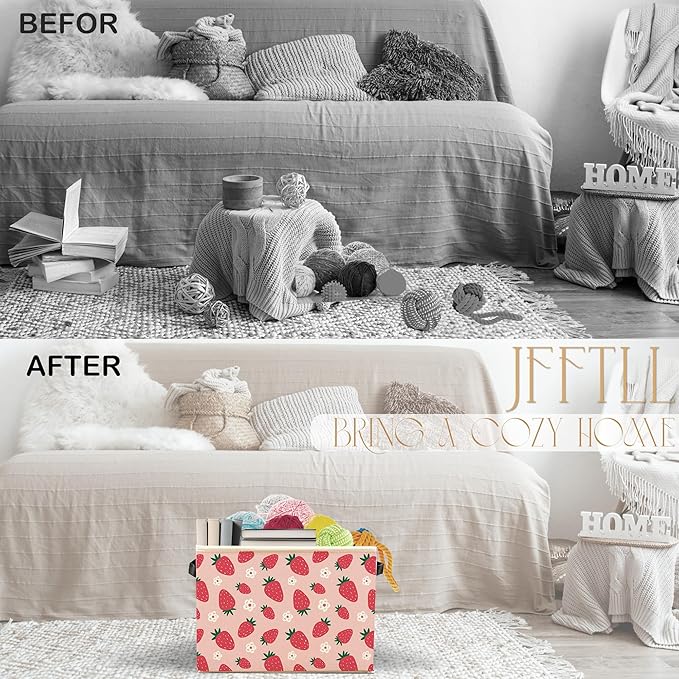 Pink Strawberry Storage Bins with Handles, Girly Room Decor Aesthetic, Preppy Cute Floral Strawberry Fruit Collapsible Laundry Basket Storage Box for Home Bedroom Bathroom Clothes Toys Books